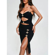 Sexy Strap Diamond Crystal Sequin Hollow Out Sleeveless Bandage Bodycon Dress High Quality