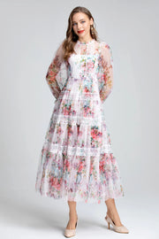 High Quality Tiered Lace Long Sleeve Floral Round Neck Dress