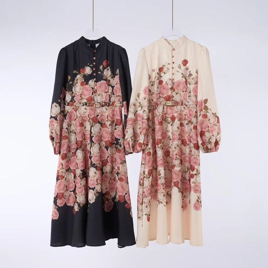Elegant dress with floral print, high neck, long sleeves with high-quality belt