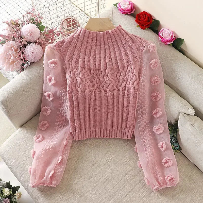 High quality sweet floral puff sleeves half high neck sweater