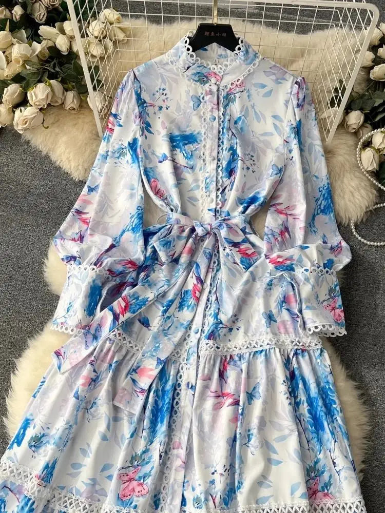 High quality floral print long sleeve long bohemian loose dress