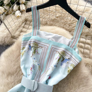 Mint Green Floral Print Sleeveless A-Line Dress Women Summer High Waist Simple Pure Desire Style Commute Suitable City Outfit