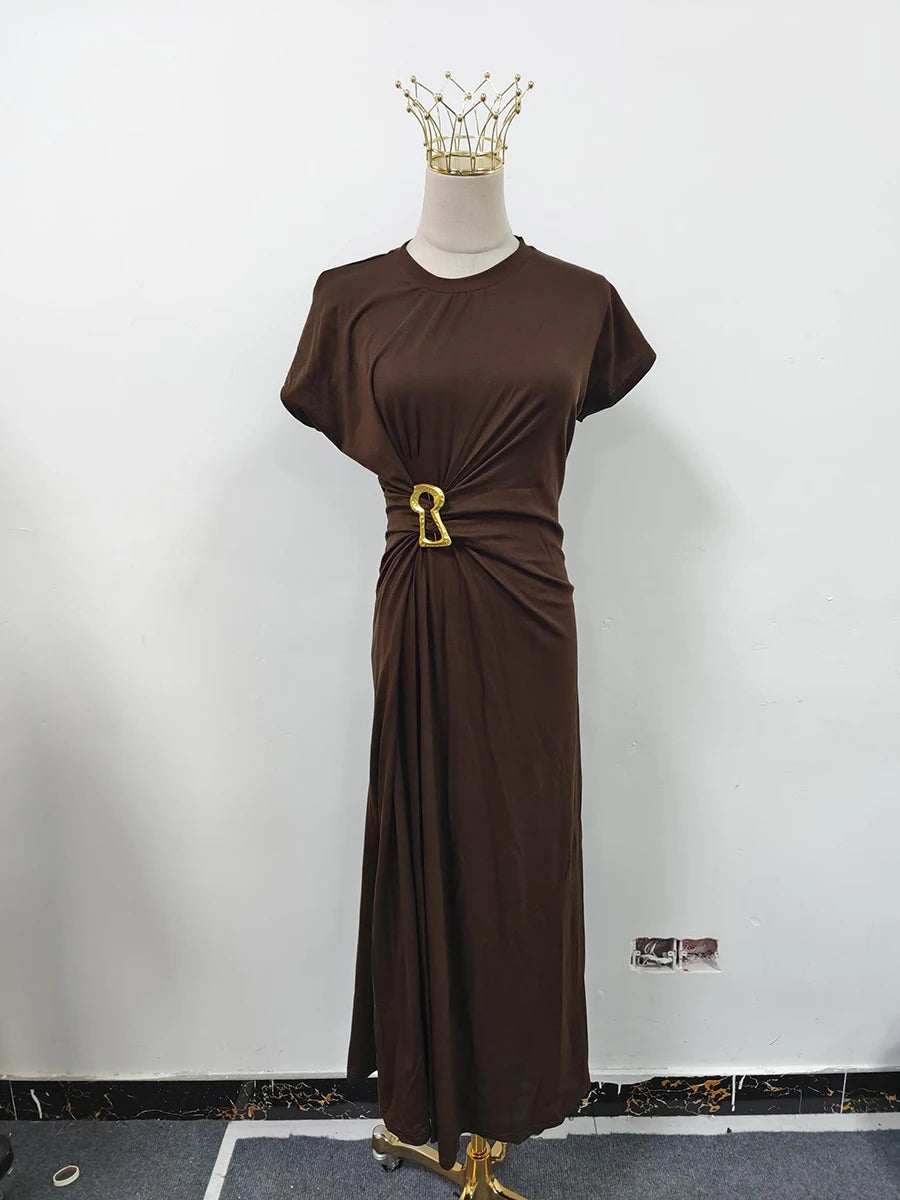 French retro round neck, short sleeve, high waist, straight dress with high-quality spliced metal pins