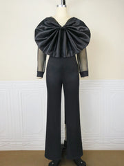 Black Jumpsuit with Big Bow Long Sleeve, High Waist High Quality