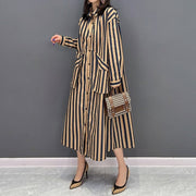 High Quality Long Sleeve Loose Khaki Striped Big Pocket Dress