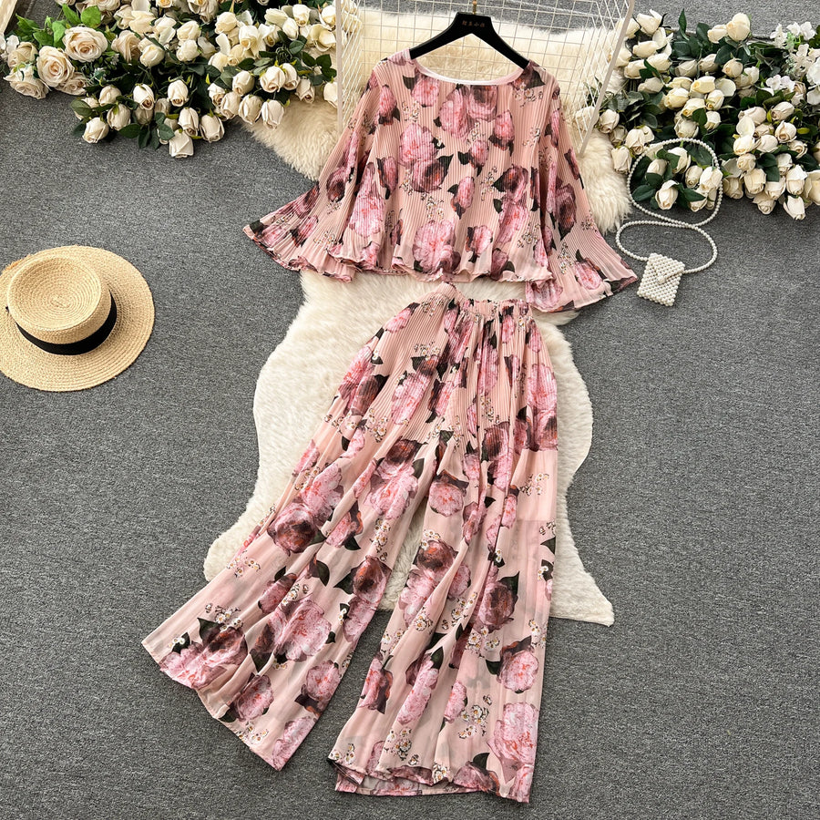 Autumn Women Draped Two Piece Set Bohemian Female Floral Pleated Short Blouse + High Waist Wide Leg Pants Chiffon Suit 2Pcs New