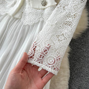 High Quality Long Sleeve Floral Embroidery Button Pleated White Elegant Dress