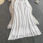 Celebrities Metal Buckle Square Collar with Chest Pad Dress Women's High-end Lace Splicing Mesh Yarn Streamer Elegant Long Dress