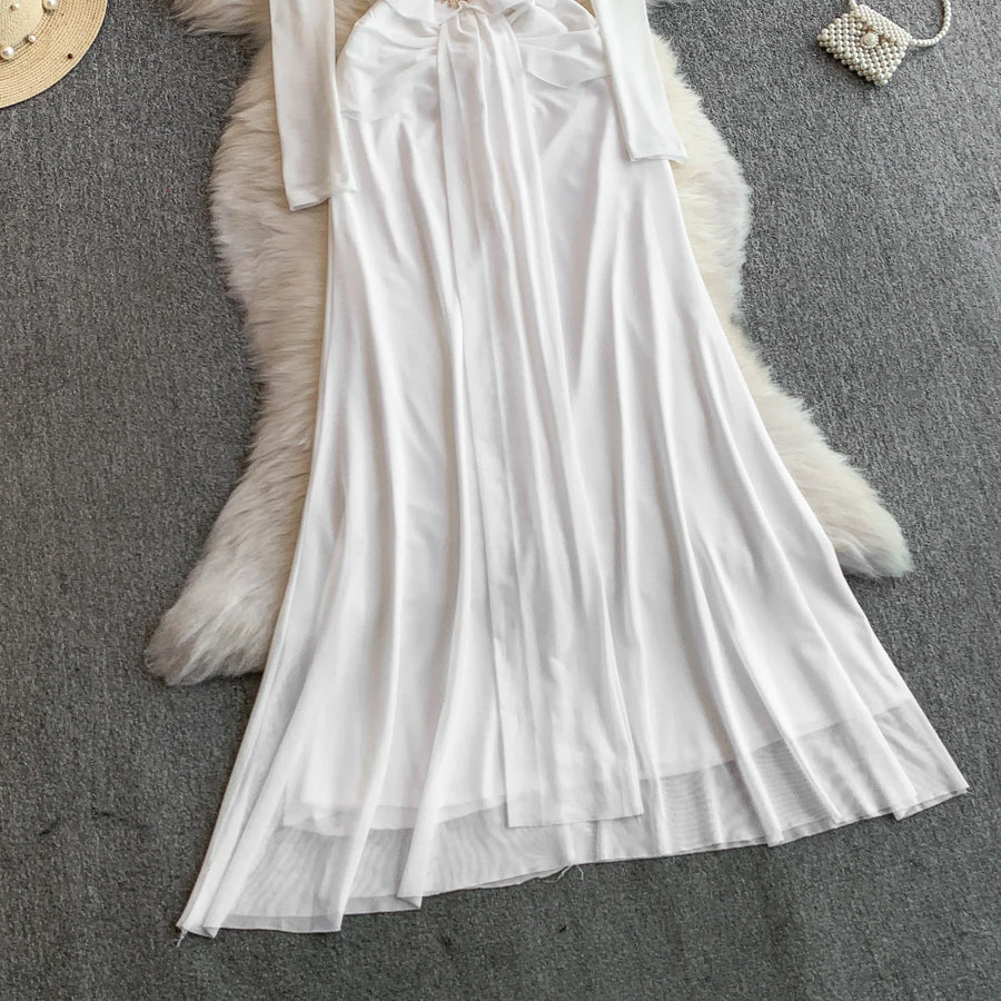 Celebrities Metal Buckle Square Collar with Chest Pad Dress Women's High-end Lace Splicing Mesh Yarn Streamer Elegant Long Dress