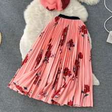 Two Piece Set Floral Print Pleated Elastic Raglan Sleeve T-shirt Top + Long Skirt High Quality