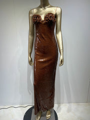 Elegant Sexy Sleeveless Backless Flower Mesh Sequin Brown Shiny Bodycon Long Dress