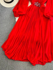 High Quality Purple/Black/Red Diamonds Draped Pleated Chiffon Elegant Puff Sleeve Long Dress