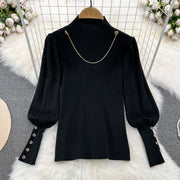 Women Elegant Style Two-piece Winter Lantern Long Sleeve Stand Collar Slim Knit Top High Waist Plaid Skirt Two-piece Set Women