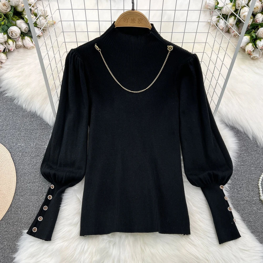 Women Elegant Style Two-piece Winter Lantern Long Sleeve Stand Collar Slim Knit Top High Waist Plaid Skirt Two-piece Set Women