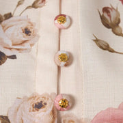 Elegant dress with floral print, high neck, long sleeves with high-quality belt