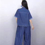 High quality elastic high waist short sleeve print vintage suit set