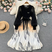 High Quality Flower Print Knitted Mesh Stitching Lantern Sleeve Pleated Dress