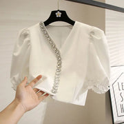 High Quality Short V Neck Elegant Vintage Puff Sleeve Beaded Blouses