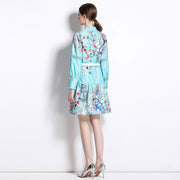 High Quality Support Long Sleeve Flower Print Belted Knee Length Dresses