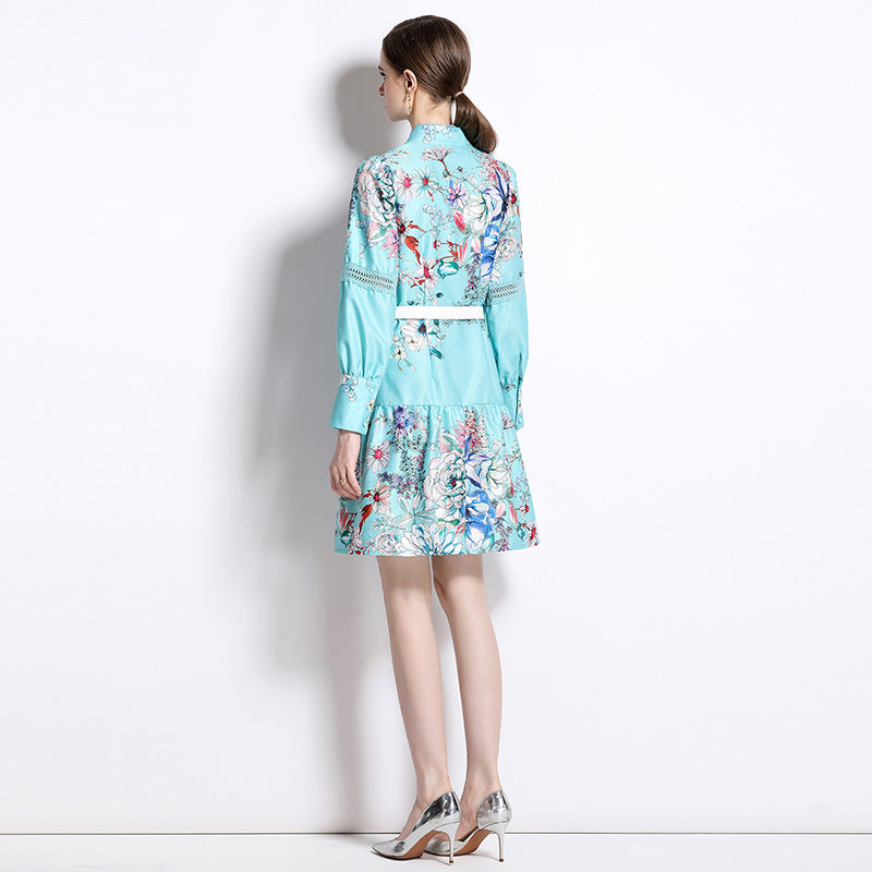 High Quality Support Long Sleeve Flower Print Belted Knee Length Dresses