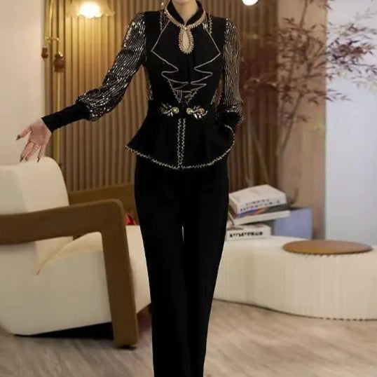 Black Palace Style Sequined Top for Women 2025 New Autumn and Winter Inner Wearable Plus Velvet Long-sleeved T-shirt Base Layer