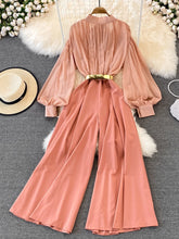 High Quality Wide Leg Lantern Sleeve Stand Collar Pleated Jumpsuit