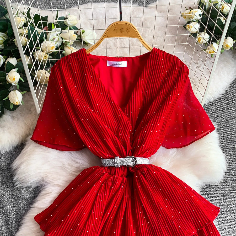Women Long Dress Cake Dresses A Line Vestidos  Streetwear V Neck Short Sleeve Elegant Party Work Slim Fit Casual Summer