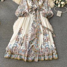 High quality vintage floral prints V-neck elegant long dress