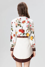 Fashion Designer Elegant Floral Print Skirt Set Women's Lantern Sleeve Frenulum Slim Top+Mini Skirt 2 Pieces Set