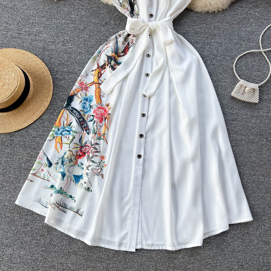 High Quality Bow Flower Print Sleeveless White Shirt Dress