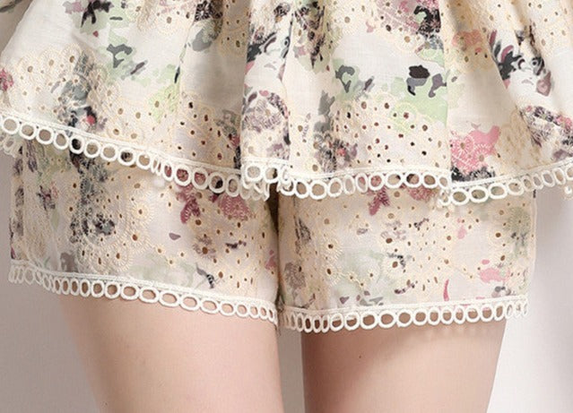 Flower Embroidery Lace Shorts Set Elegant Lantern Sleeve Shirt+Wide Leg Shorts High Quality