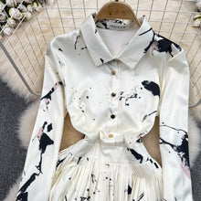 High Quality Satin Ink Print Polo Neck Long Sleeve A-Line Shirt Dress