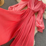 High Quality Lantern Sleeve Stretch Chiffon Wide Leg Deep V Neck Sexy Pleated Long Jumpsuit