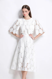 Elegant two-piece set, round neck, hollow-out crop top, high-quality high-waist skirt