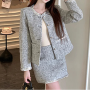 Autumn French Socialite Sequin Tweed Short Coat High Waist Slimming Mini Skirt Set Luxury Style Two Piece Sets Women Outfits