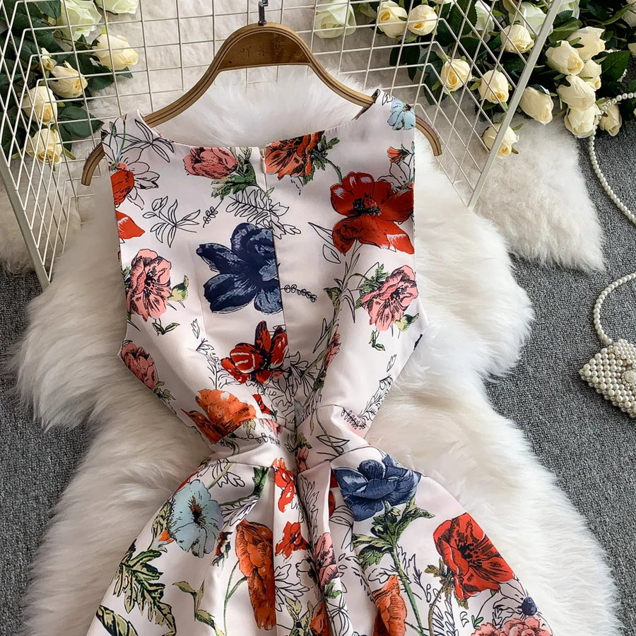 Fashion Elegant Print Sleeveless Dress Women 2026 Summer New Slim Waist Gown Ball Big Swing Robe Fresh Temperament Vestidos