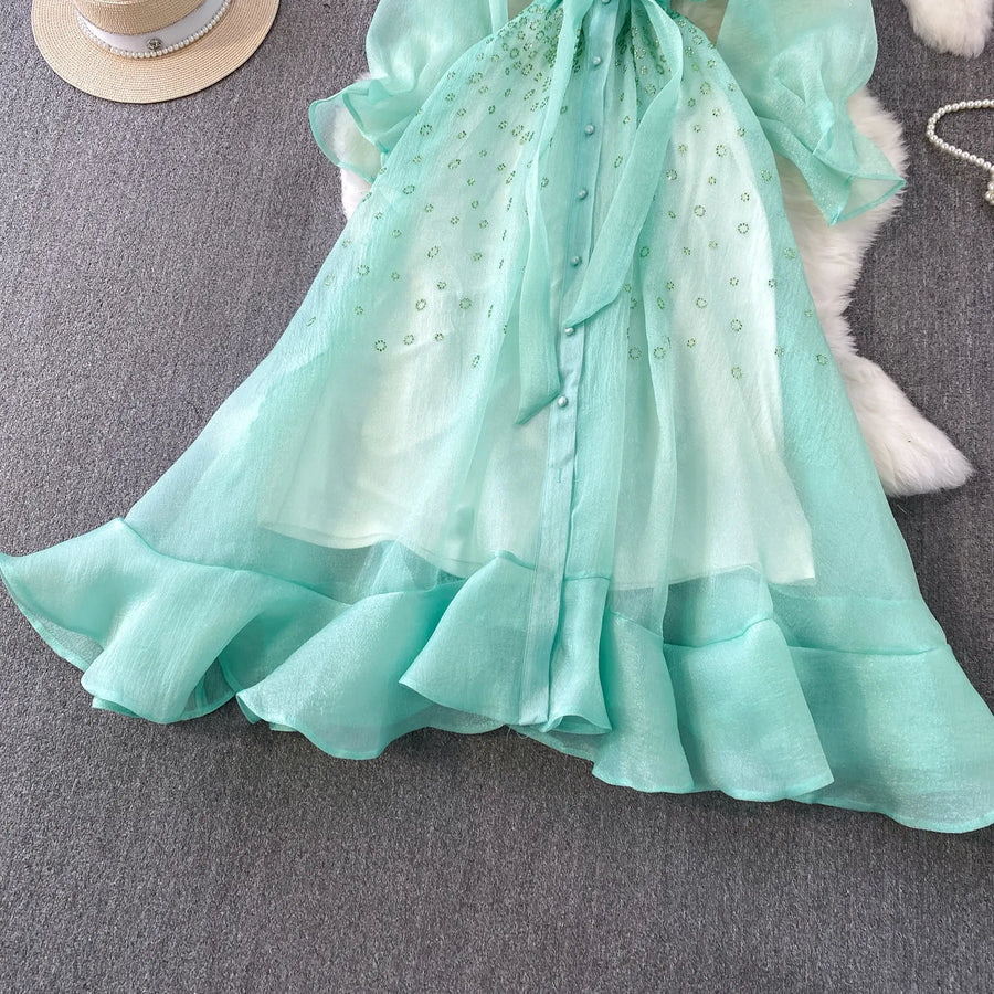Fashion Temperament Bandage Slim Waist Dress Fairy Gauze Ruffled Long Robe Turn-down Collar Single Breasted Diamonds Vestidos