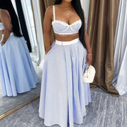 Women's 2-piece striped patchwork set, strappy crop top and A-line maxi skirt