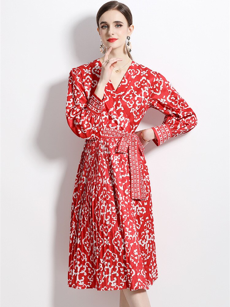 High Quality Vintage Floral Print Cross V Neck Long Sleeve Pleated Midi Dress