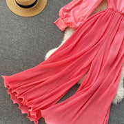 High Quality Lantern Sleeve Stretch Chiffon Wide Leg Deep V Neck Sexy Pleated Long Jumpsuit