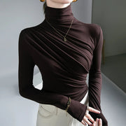 High Quality Solid Color Long Sleeve Pleated Turtleneck Stretch Cotton T-shirt