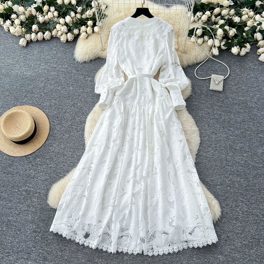 Women Long Dress Dresses Ruffles Vestidos V Neck Lantern Sleeve Elegant Splice Y2k Streetwear Hollow Out Tight Waist Work Party