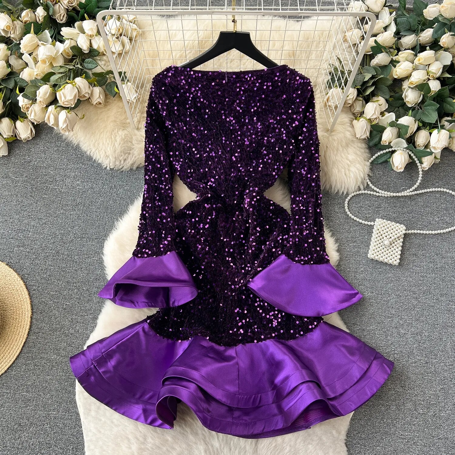 Elegant Long Sleeve V Neck Ruffles Sparkly Sequins Sexy Dress