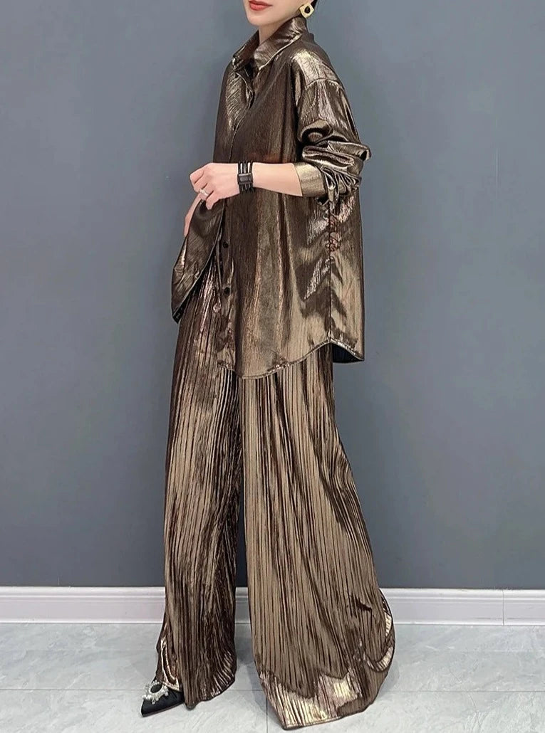 Two Piece Sets Shiny Pleated Long Shirt with Belt Wide Leg Pants High Quality