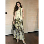 New Summer Office Lady Women's Suit Fashion V-neck Sleeveless Vest Top with Ribbon + A-line Printed Long Skirt Two Piece Set