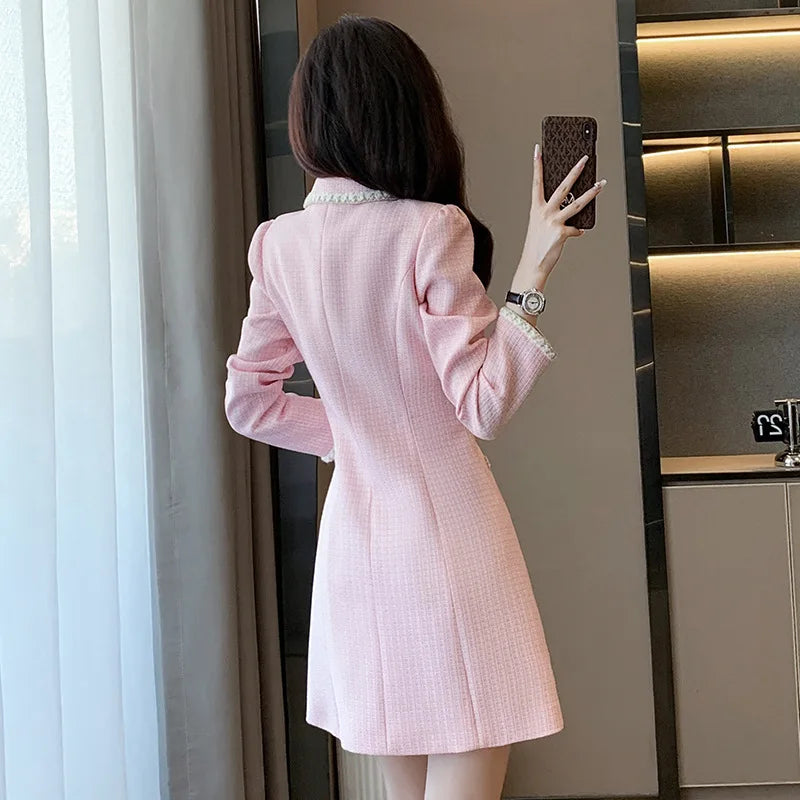 Women Long Sleeve Sweet Autumn New Fashionable Pink Fragrant Dress