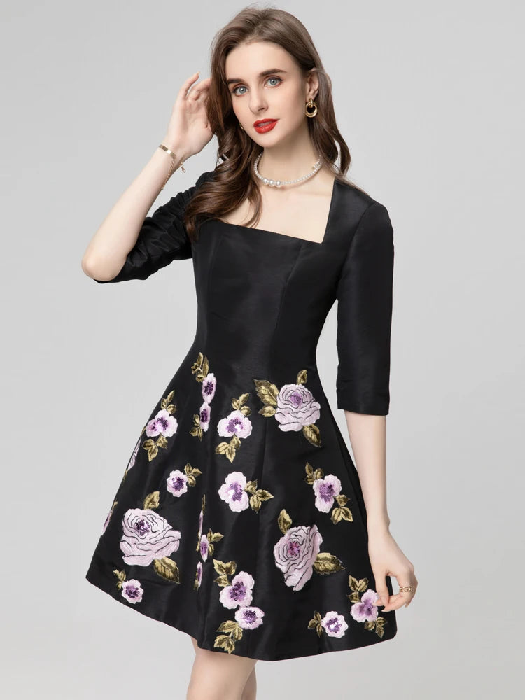 High Quality Elegant Flower Embroidery Pink Black Square Collar Half Sleeve Women Mini Dress