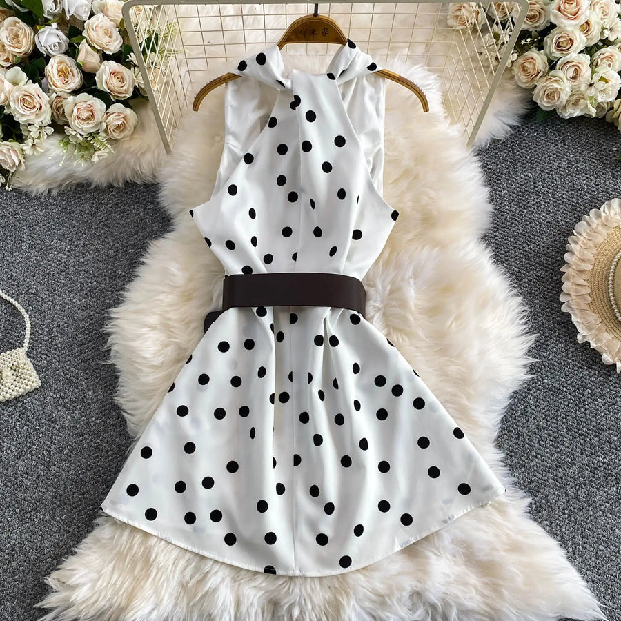 Fashion Sexy Halter Dress Women Summer Belt Waist Slim Fit Polka Dot A Line Party Daily Office Street Wear Chic Woman Dress