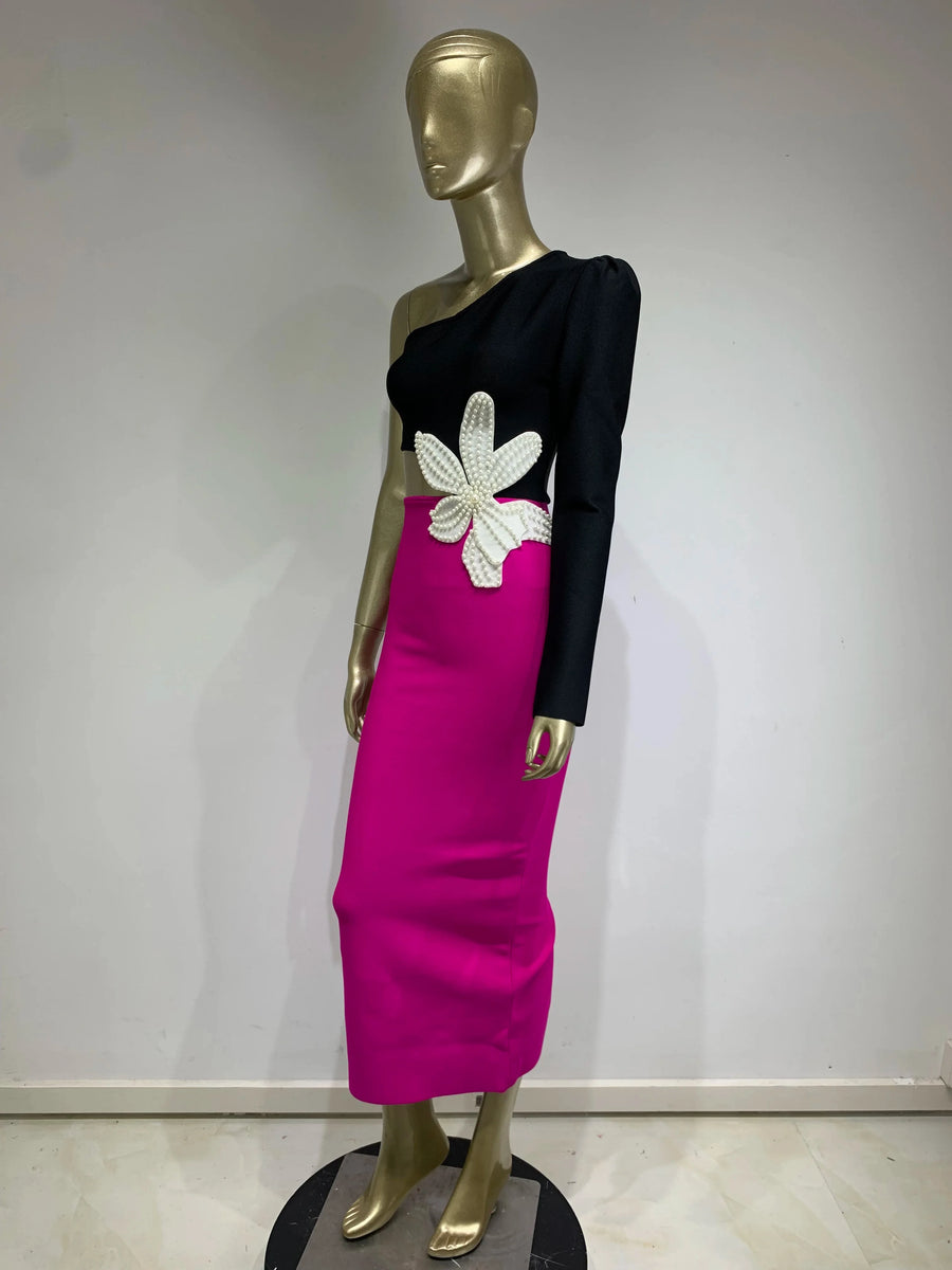 High Quality Flower Beaded Single Sleeve Sexy Midi Bandage Dress Rose Red / XS High Quality Flower Beaded Single Sleeve Sexy Midi Bandage Dress Rose Red / XS