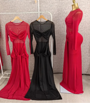 High Quality Nightclub Long Sleeve Bow Sheer Mesh Maxi Dress